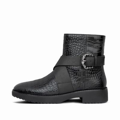 Fitflop Women's HELMI Croc Embossed Ankle Boots - Black, FT5673184